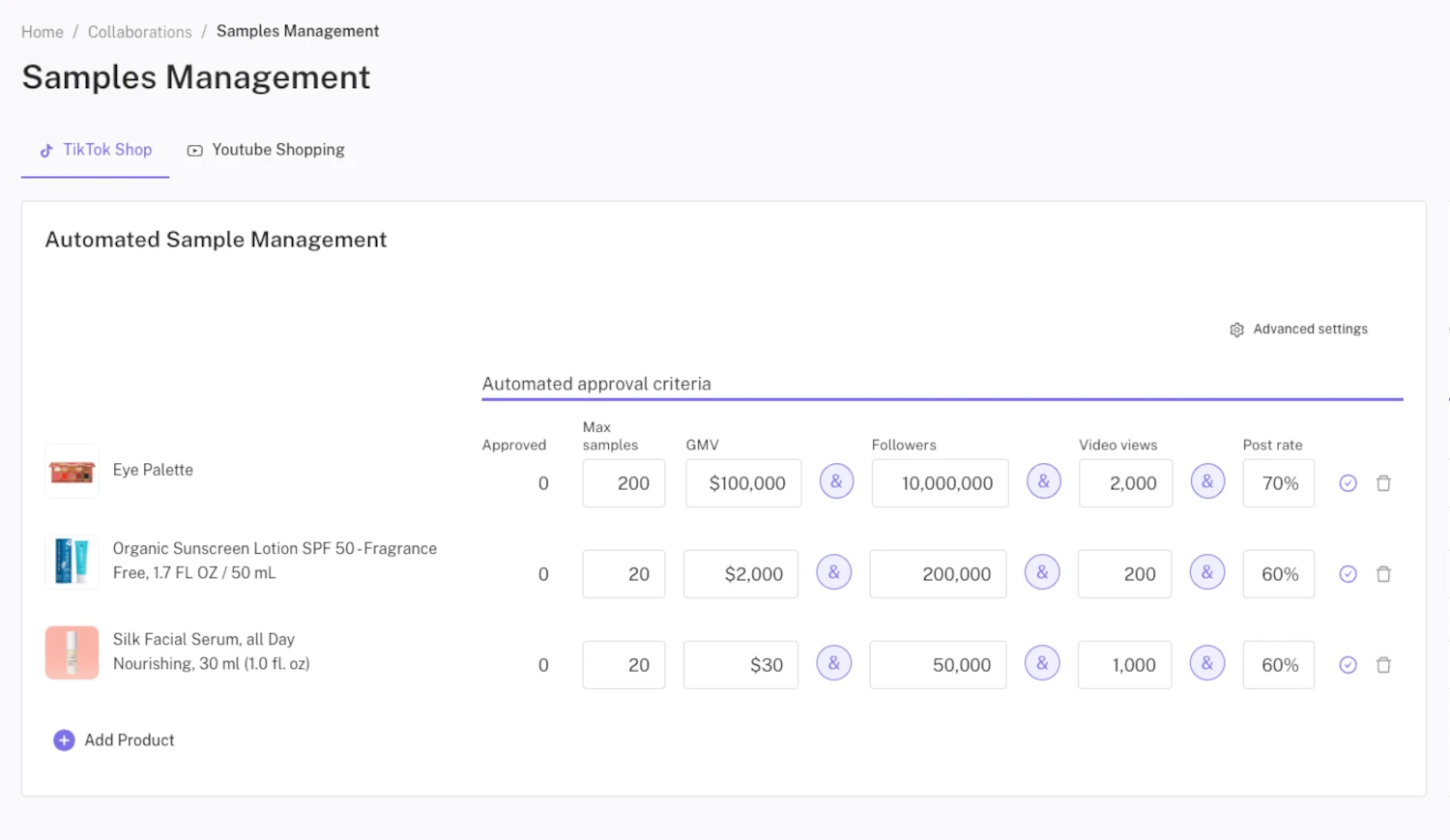 Samples products configuration